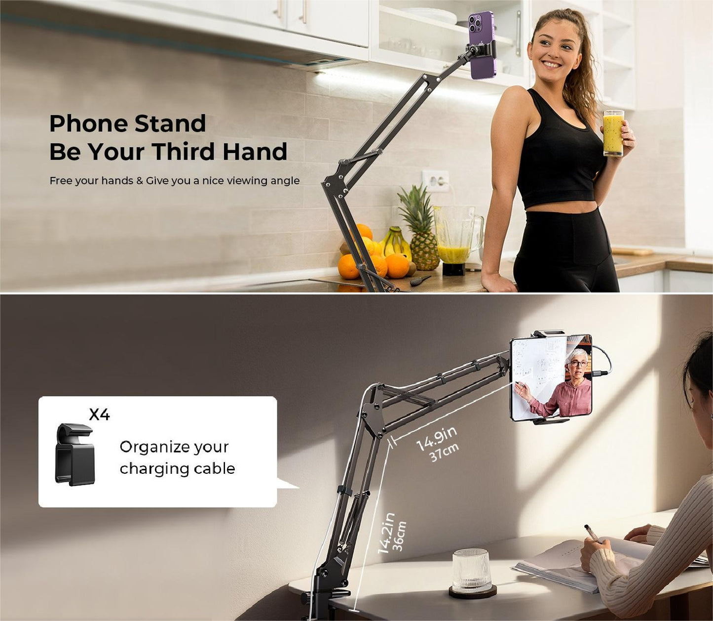 Rotation Universal Phone Clip Holder Clamp Flexible Articulating Arm Phone Mount for Desk