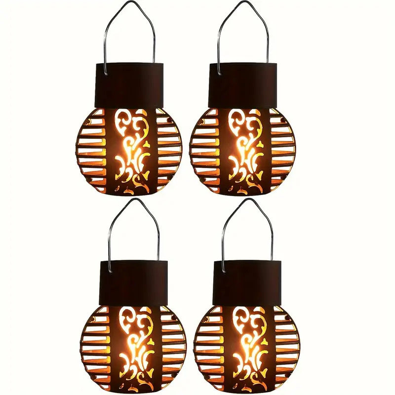 4 x 6-LED Solar Flame Lanterns Vibrant Flickering Outdoor Hanging Lights for Garden, Lawn, Patio, Pathway Decor (4PC)