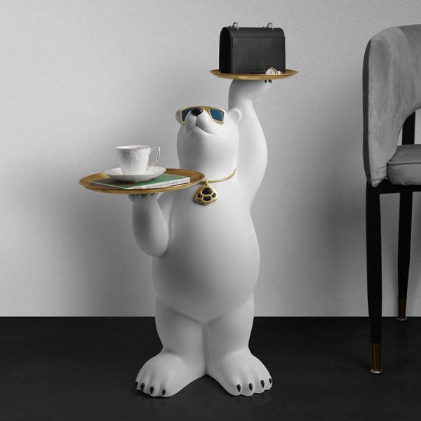 Resin Polar Bear Sculpture with 2 Tier Metal Tray