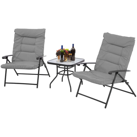 3 Piece Folding Chair Set Outdoor Furniture Adjustable Reclining Bistro Set with Classic Grey Cushions