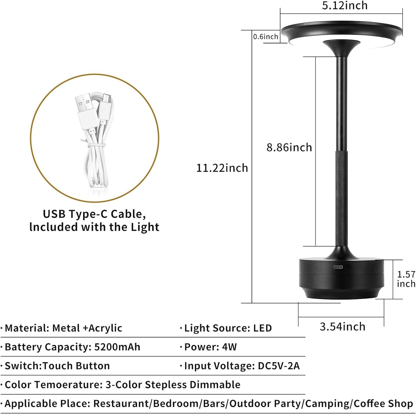 Rechargeable Cordless LED Table Lamps Touch Sensor Light