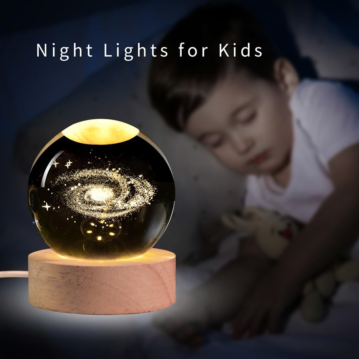 3D Nebula Crystal Ball Night Light Dimmable Warm White Night Lights Wooden Base