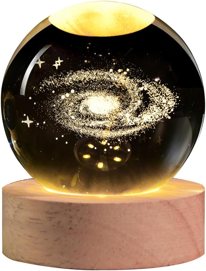 3D Nebula Crystal Ball Night Light Dimmable Warm White Night Lights Wooden Base