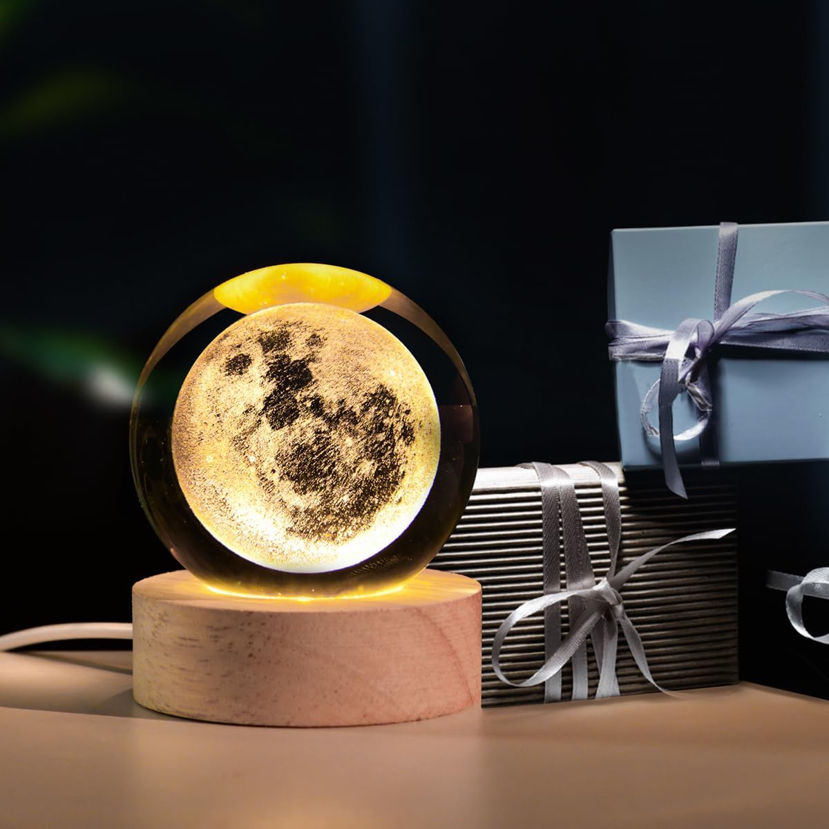 3D Crystal Ball Night Light – Wooden Base USB LED Lamp – Moon, Nebula, or Saturn Design