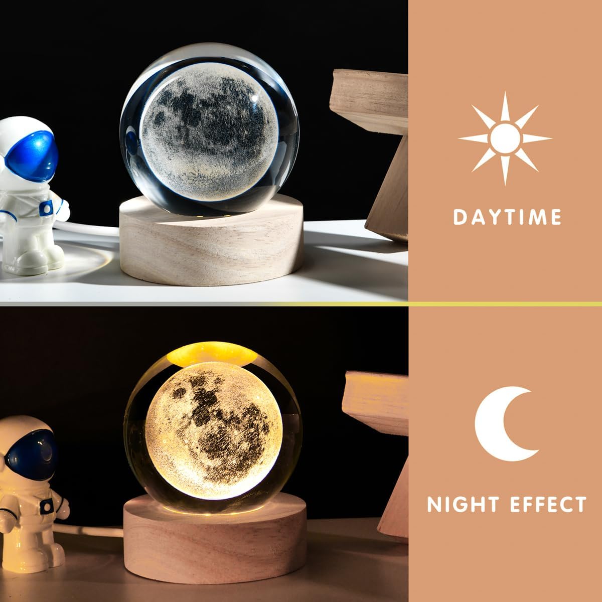 3D Crystal Ball Night Light – Wooden Base USB LED Lamp – Moon, Nebula, or Saturn Design