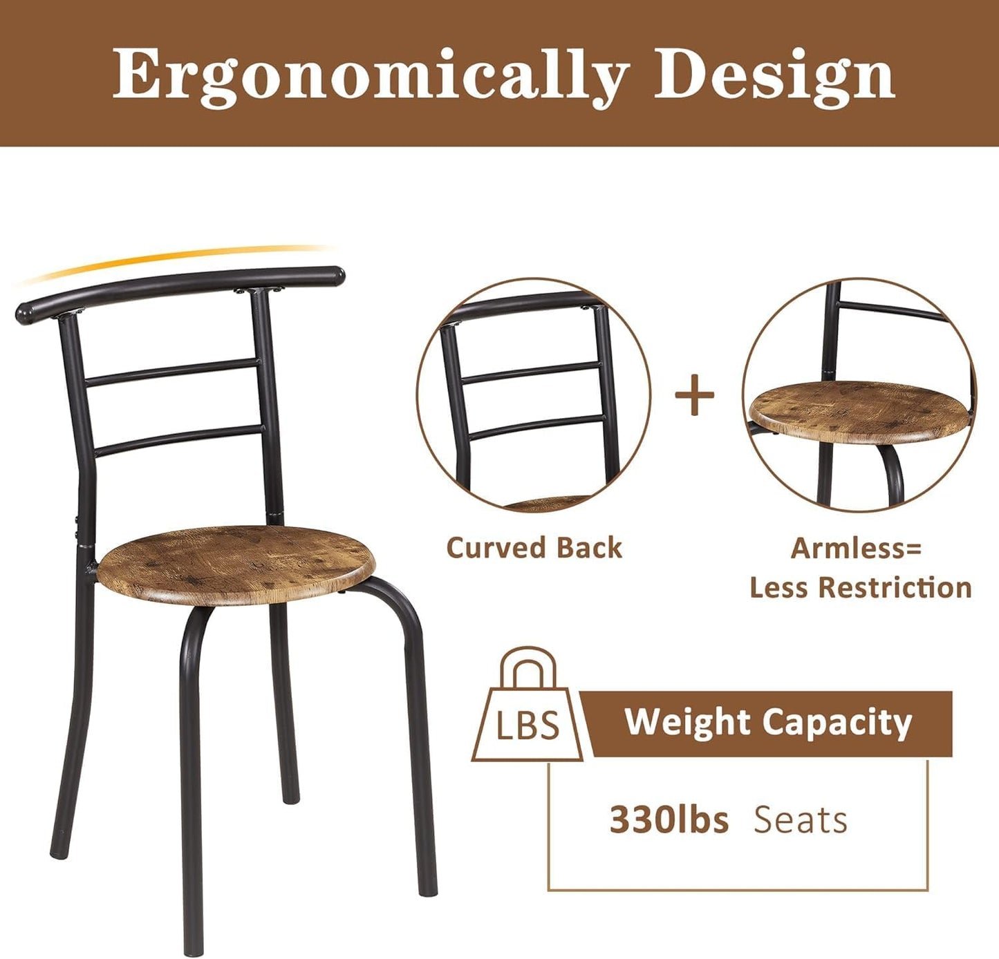 3PCS Dining Set, Dinning Table Chair, Compact Table and 2 Chairs Set Brown