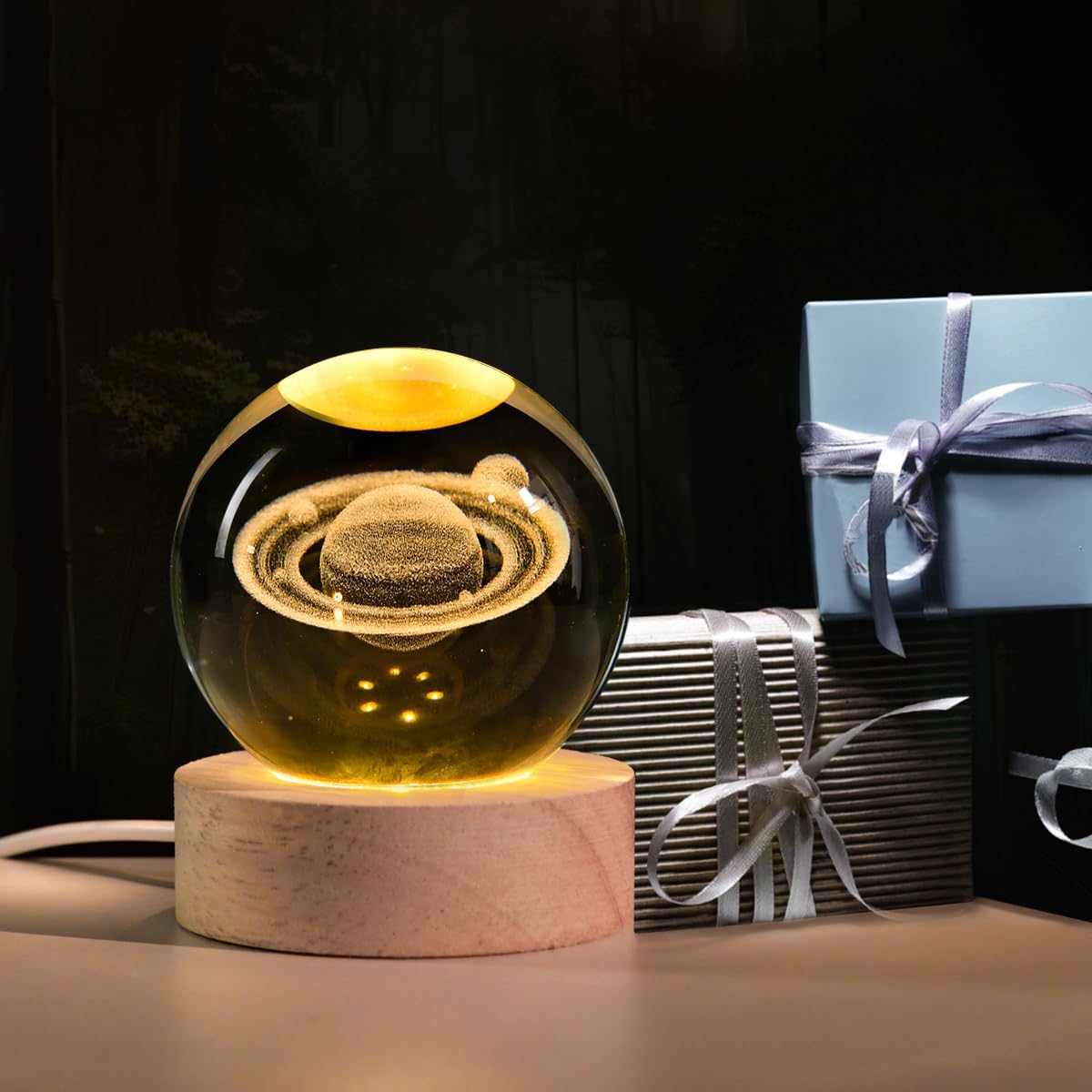 3D Crystal Ball Night Light – Wooden Base USB LED Lamp – Moon, Nebula, or Saturn Design