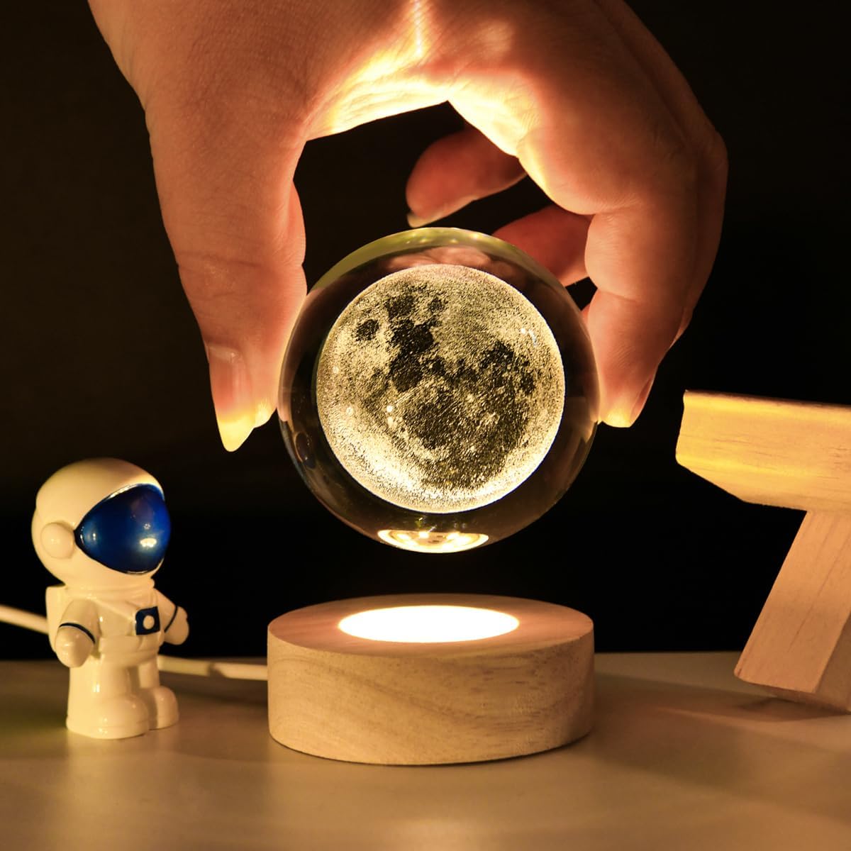 3D Crystal Ball Night Light – Wooden Base USB LED Lamp – Moon, Nebula, or Saturn Design