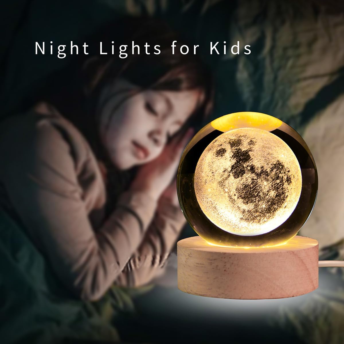 3D Crystal Ball Night Light Wooden Base USB LED Lamp Moon