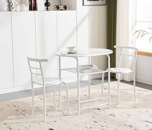 3PCS Dining Set, Dinning Table Chair, Compact Table and 2 Chairs Set White Marble