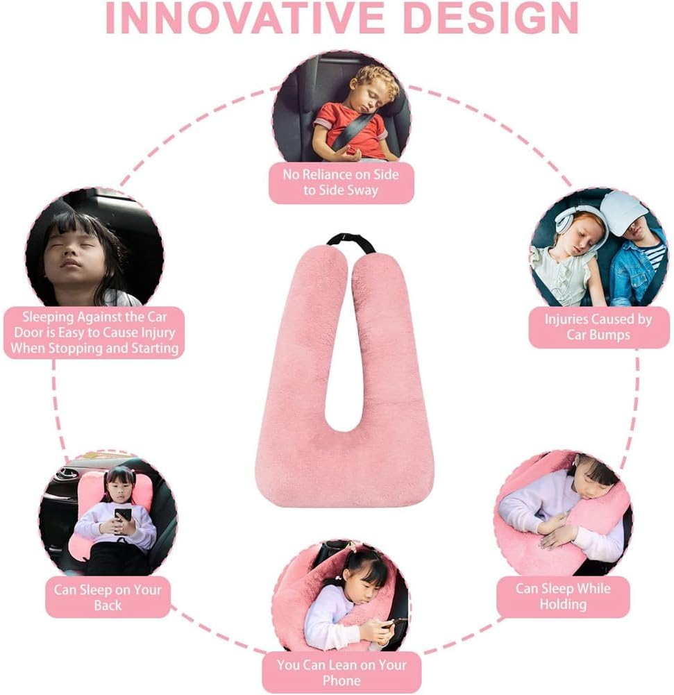 Kids Travel Pillow, Multifunctional U-shaped Car Cushion, Back Seat Supports Pink