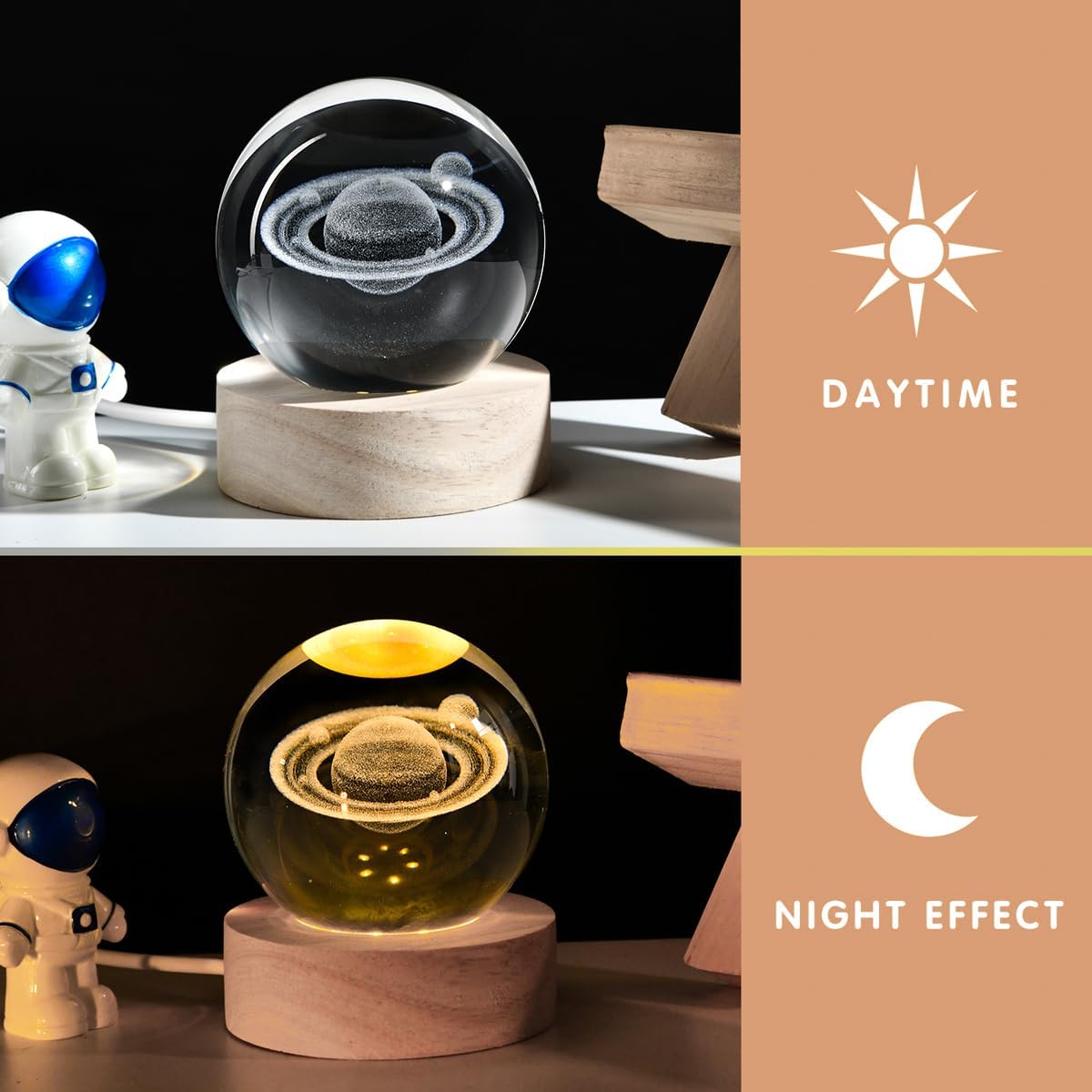 3D Crystal Ball Night Light – Wooden Base USB LED Lamp – Moon, Nebula, or Saturn Design