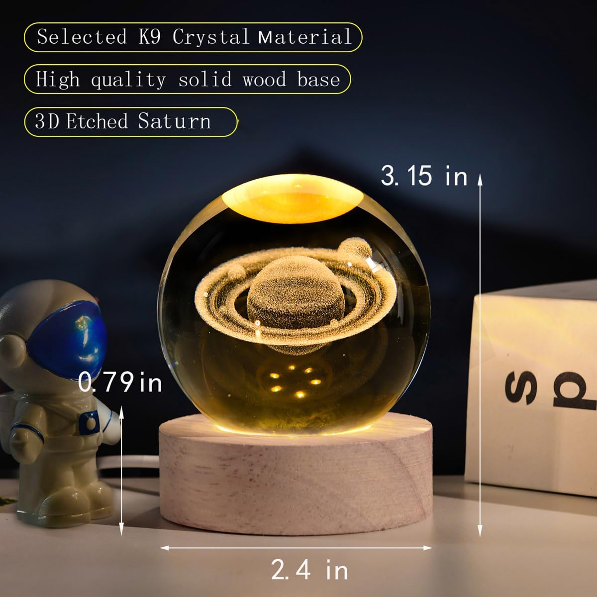 3D Crystal Ball Night Light – Wooden Base USB LED Lamp – Moon, Nebula, or Saturn Design