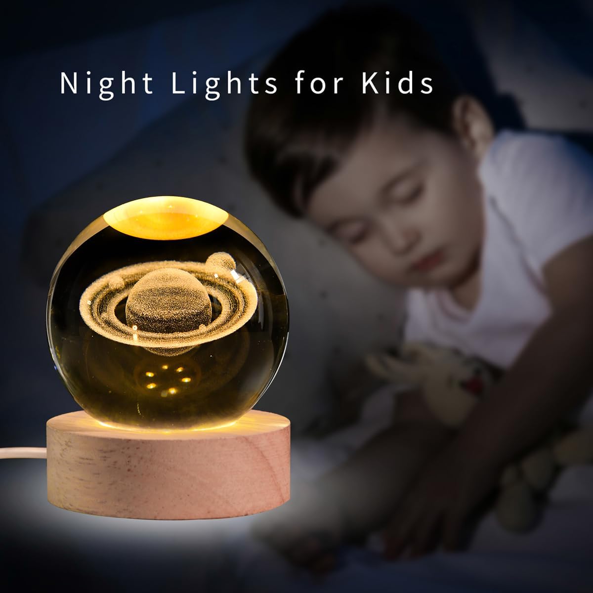 3D Crystal Ball Night Light – Wooden Base USB LED Lamp – Moon, Nebula, or Saturn Design