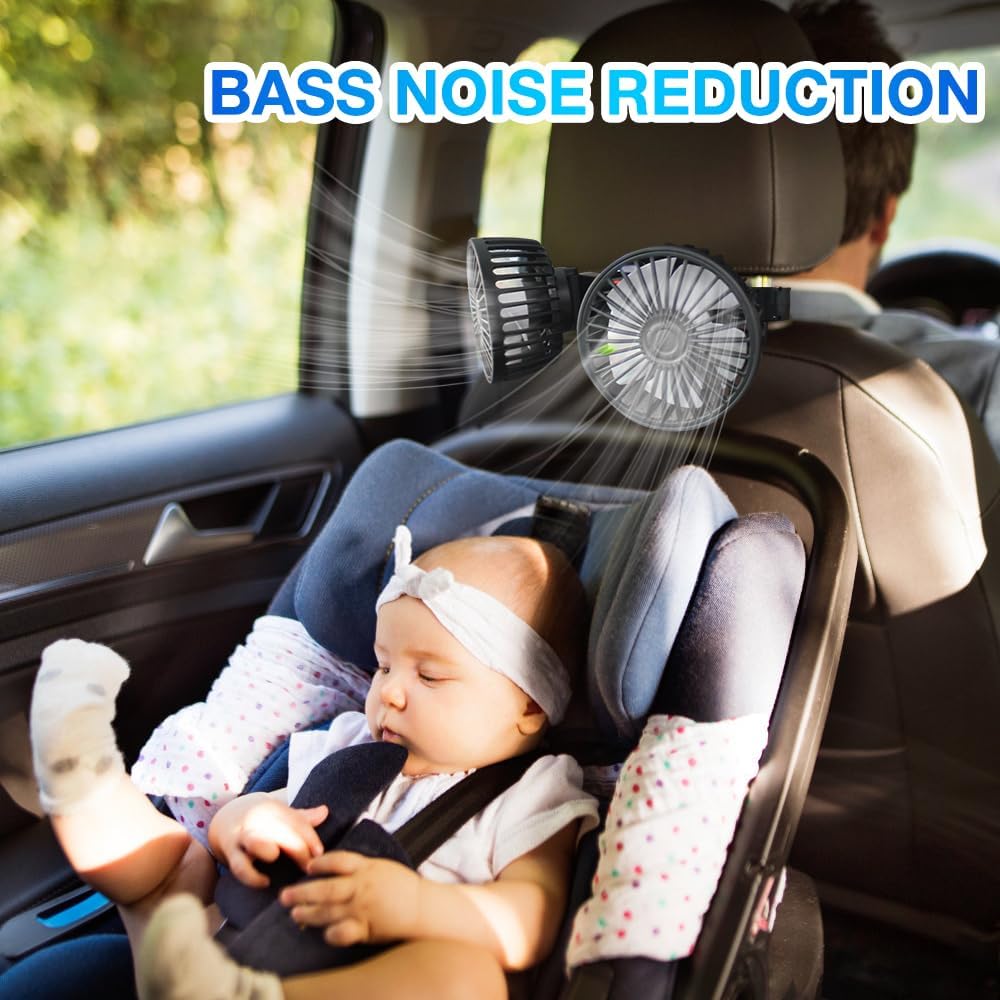 Dual-Head Car Fan – Quiet Cooling with 3 Speeds, 360° Rotation & 180cm USB Cable