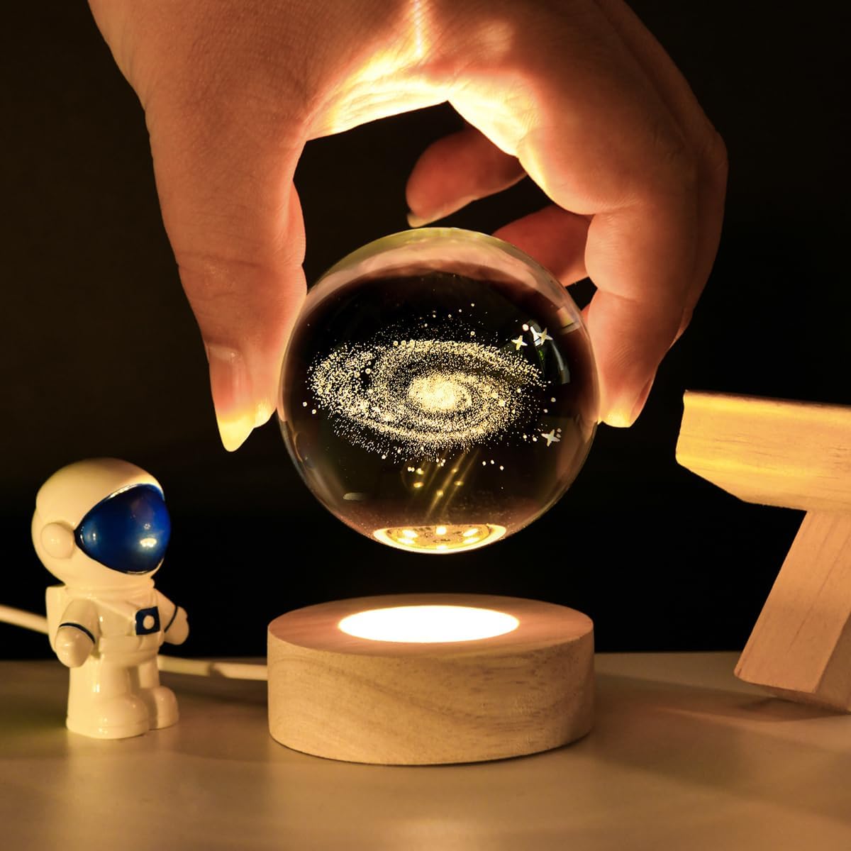 3D Nebula Crystal Ball Night Light Dimmable Warm White Night Lights Wooden Base