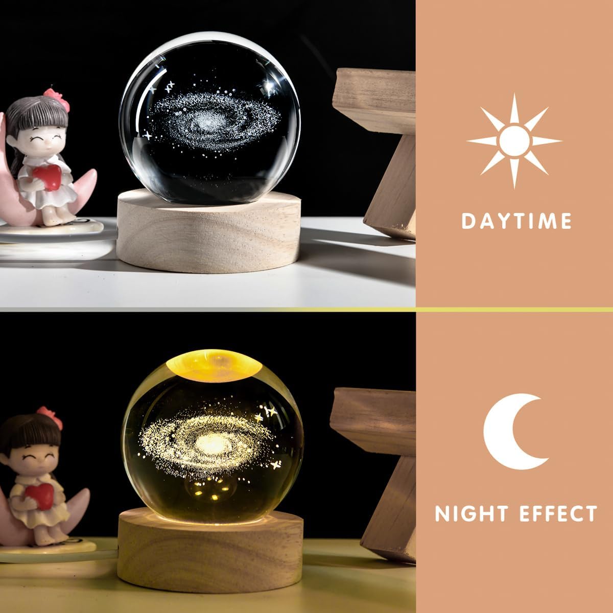3D Nebula Crystal Ball Night Light Dimmable Warm White Night Lights Wooden Base