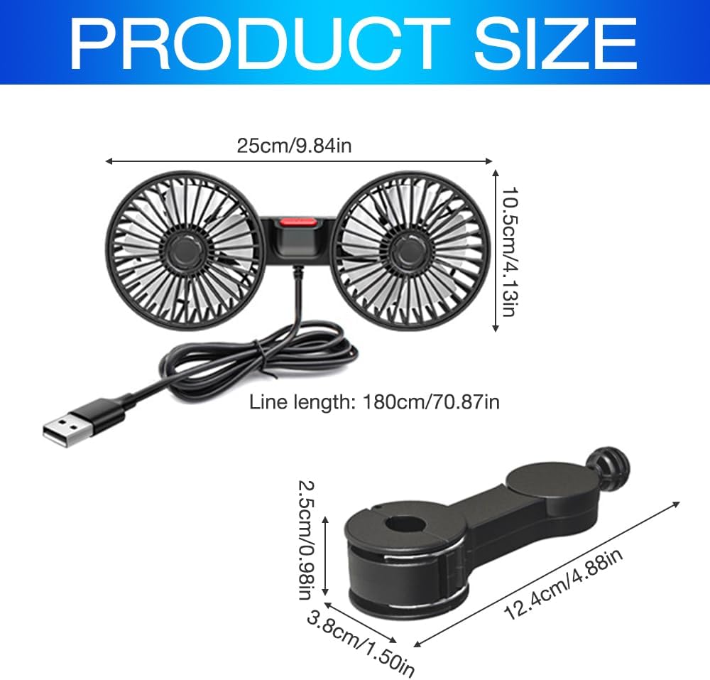 Dual-Head Car Fan – Quiet Cooling with 3 Speeds, 360° Rotation & 180cm USB Cable