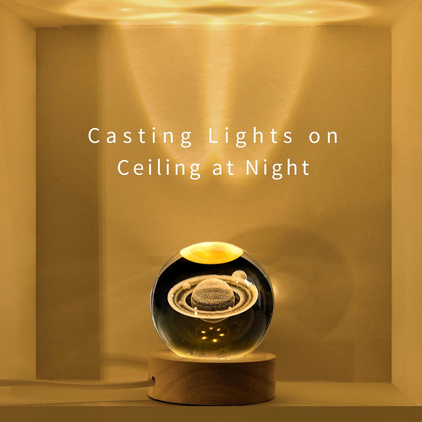 3D Crystal Ball Night Light – Wooden Base USB LED Lamp – Moon, Nebula, or Saturn Design