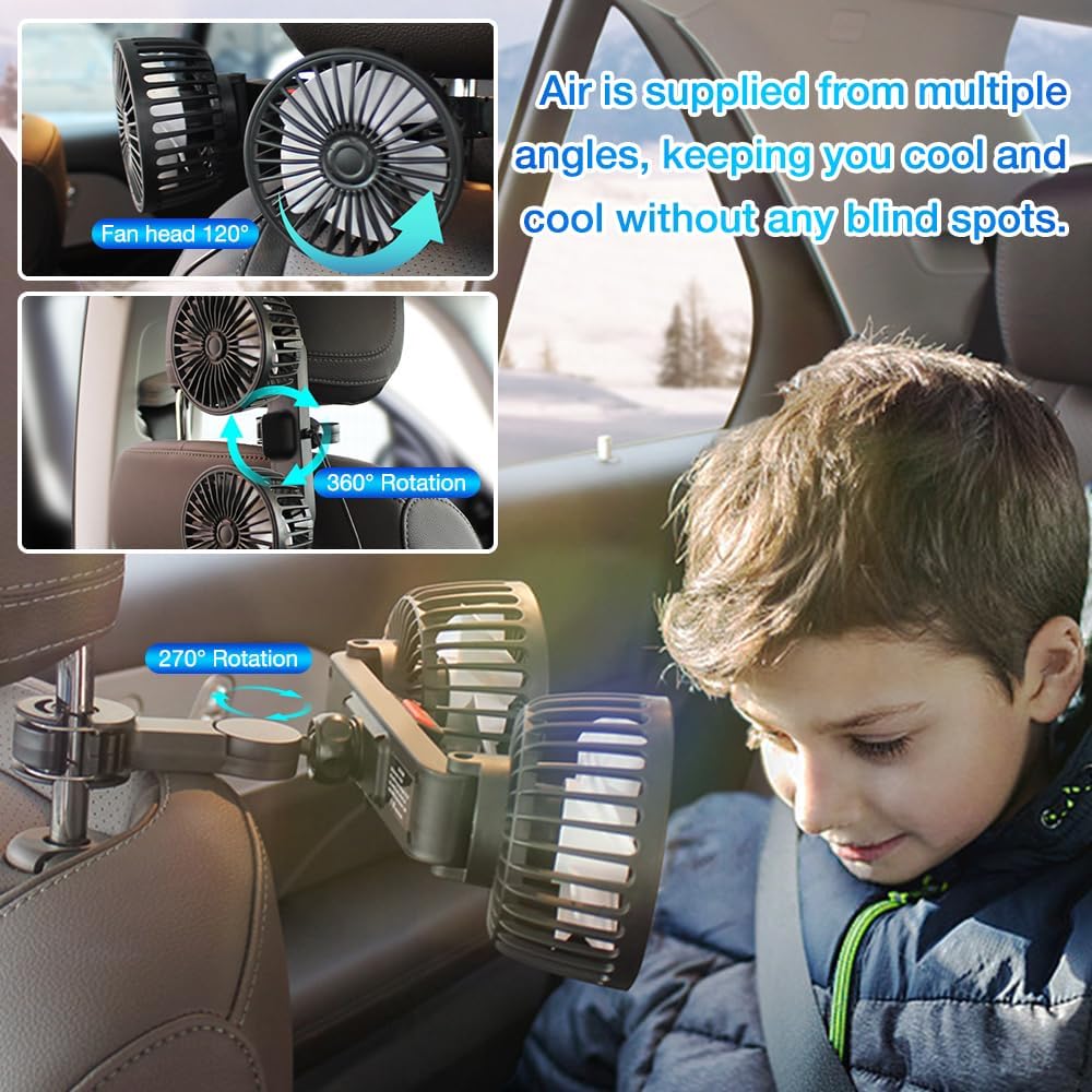 Dual-Head Car Fan – Quiet Cooling with 3 Speeds, 360° Rotation & 180cm USB Cable