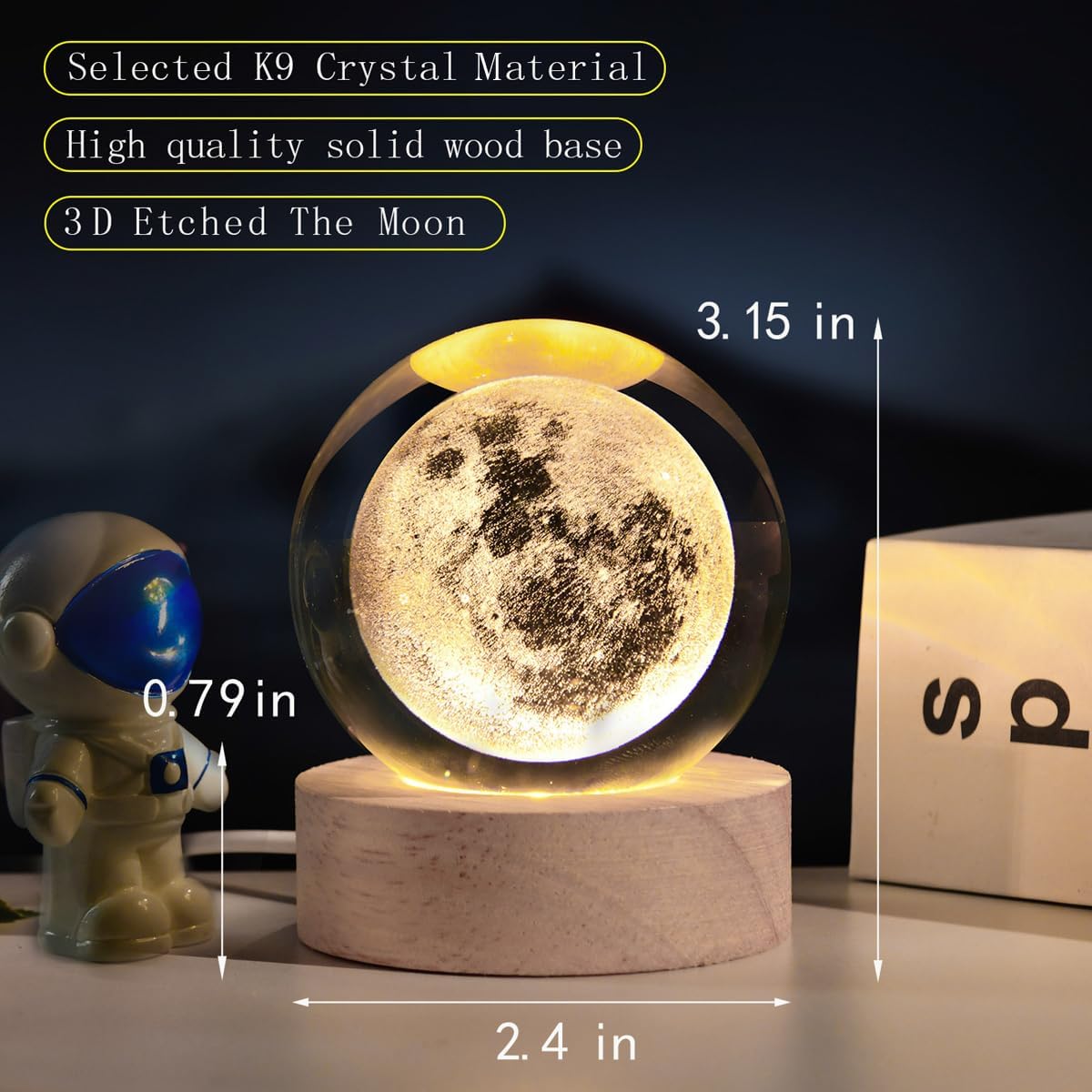 3D Crystal Ball Night Light – Wooden Base USB LED Lamp – Moon, Nebula, or Saturn Design