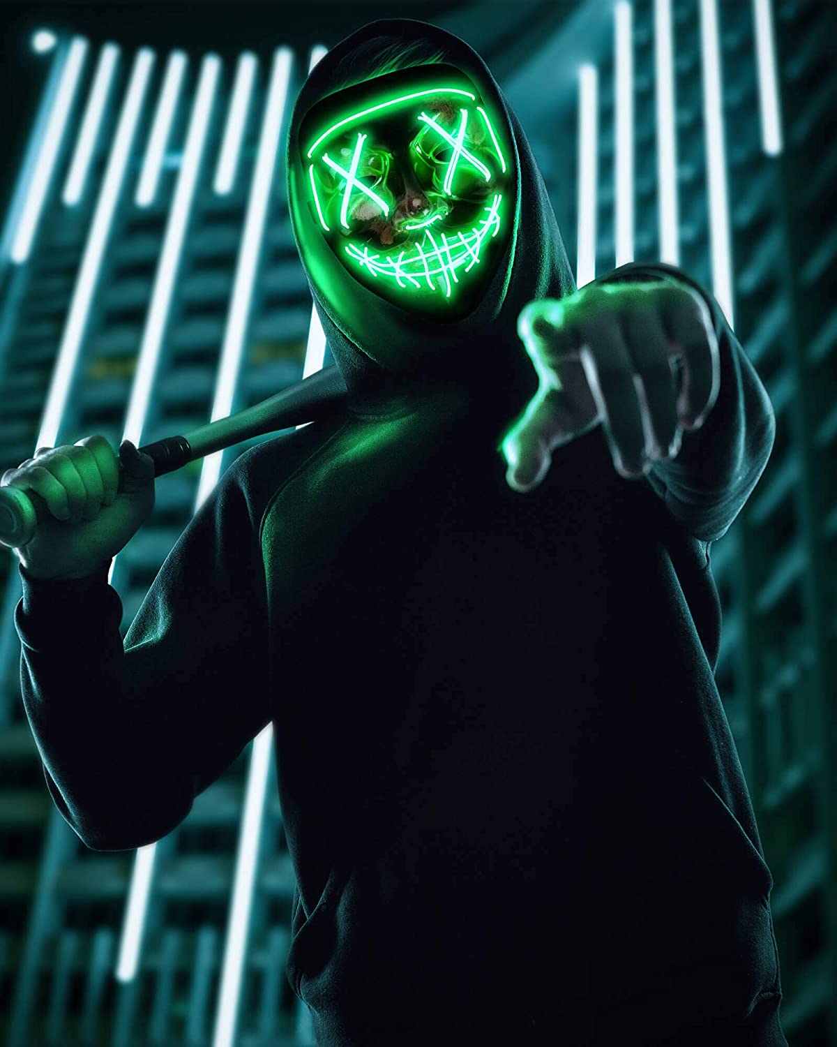 Colplay LED Light Up Halloween Mask,Scary Glow LED Face Mask with 3 lighting Modes & El Wire for Costume&Cosplay Party - Green