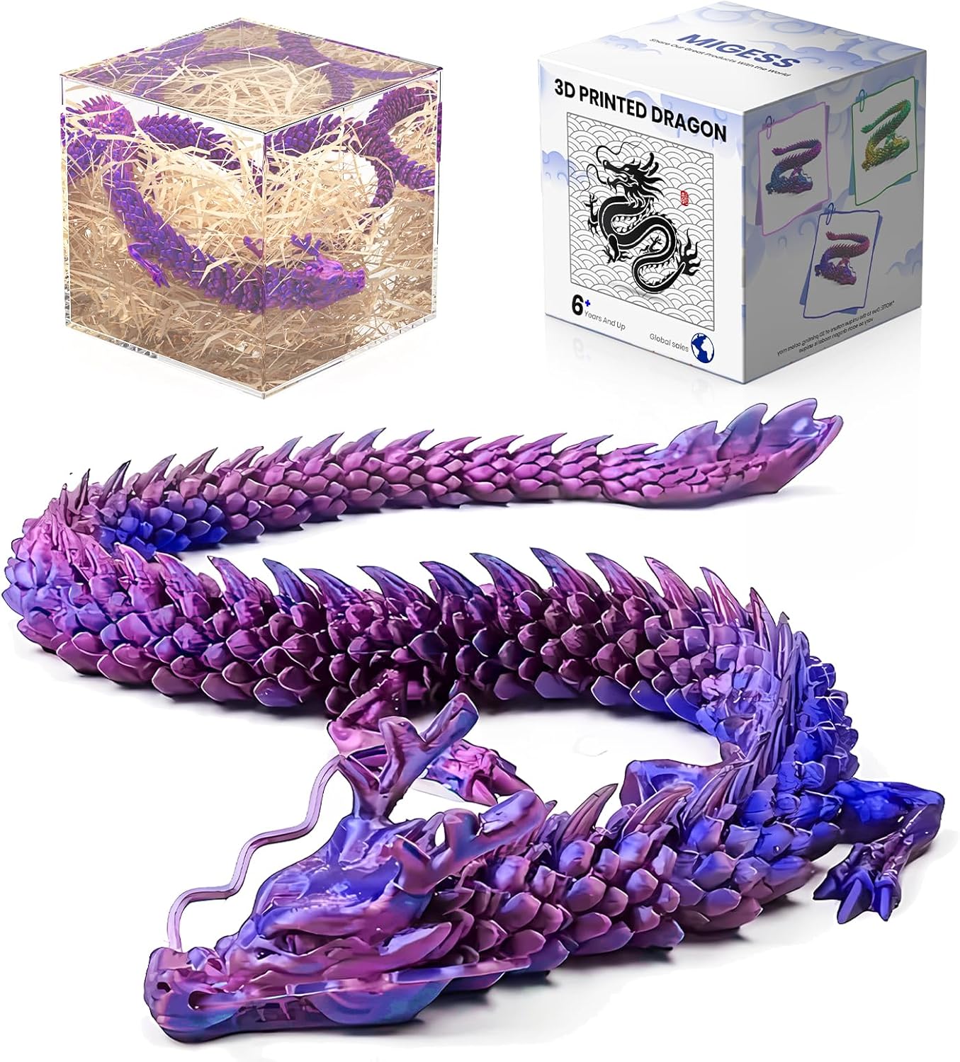 3D Printed Dragon Figurine Articulated Model Toy Puple Black