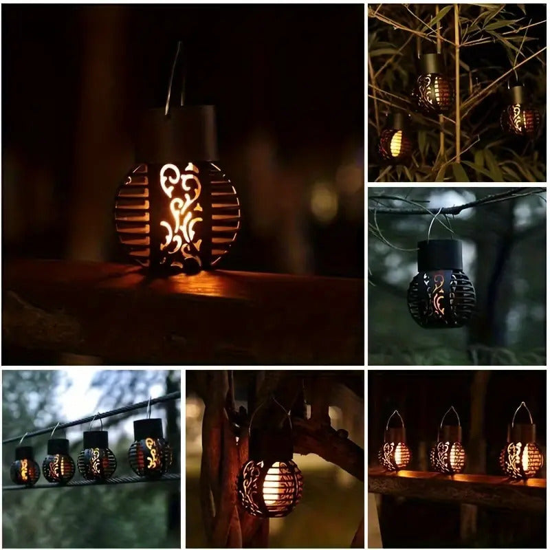4 x 6-LED Solar Flame Lanterns Vibrant Flickering Outdoor Hanging Lights for Garden, Lawn, Patio, Pathway Decor (4PC)