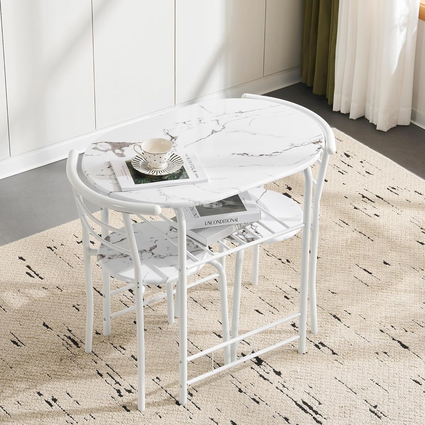 3PCS Dining Set, Dinning Table Chair, Compact Table and 2 Chairs Set White Marble