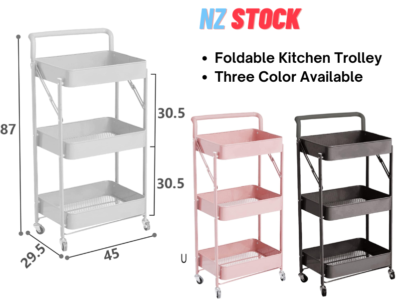 Kitchen Bathroom Storage Trolley Cart Foldable Black