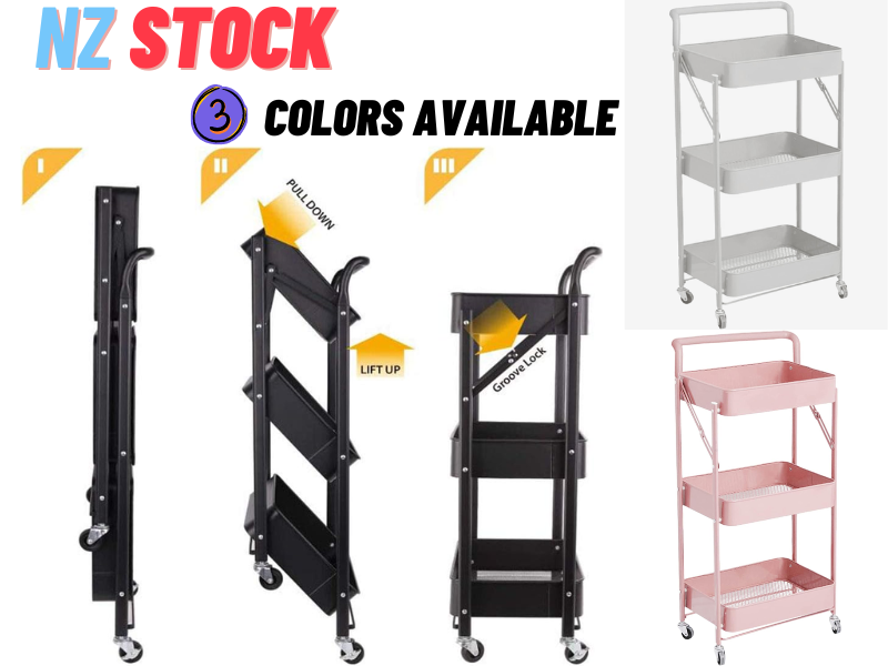 Kitchen Bathroom Storage Trolley Cart Foldable White