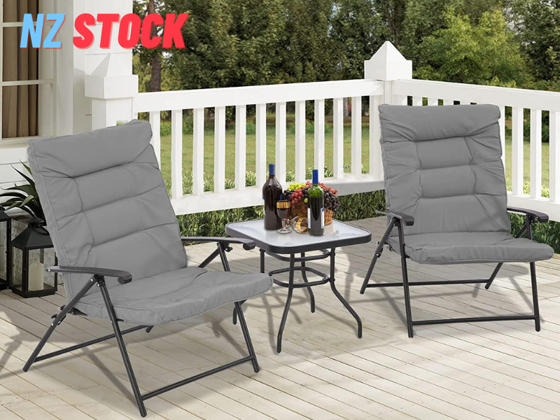 3 Piece Folding Chair Set Outdoor Furniture Adjustable Reclining Bistro Set with Classic Grey Cushions