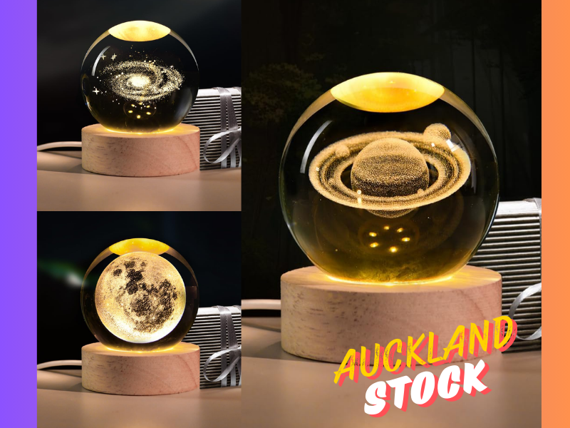 3D Crystal Ball Night Light – Wooden Base USB LED Lamp – Moon, Nebula, or Saturn Design