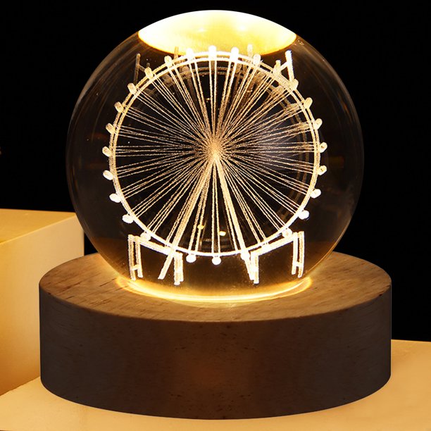 3D Ferris Wheel Crystal Ball Night Light Dimmable Warm White Night Lights Wooden Base