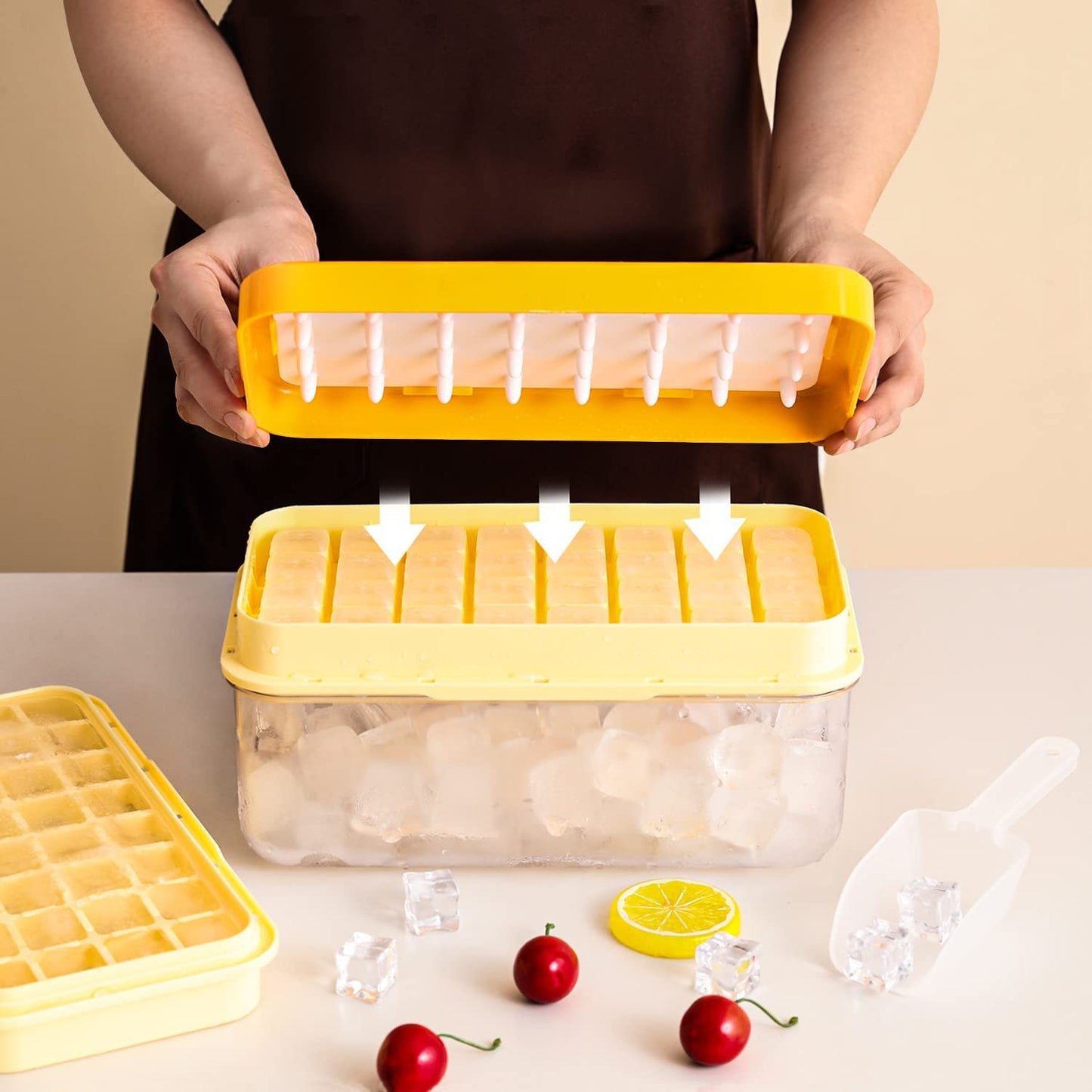 Press to Release Stackable 64Pcs Ice Molds Trays with Ice container Ice Maker Yellow