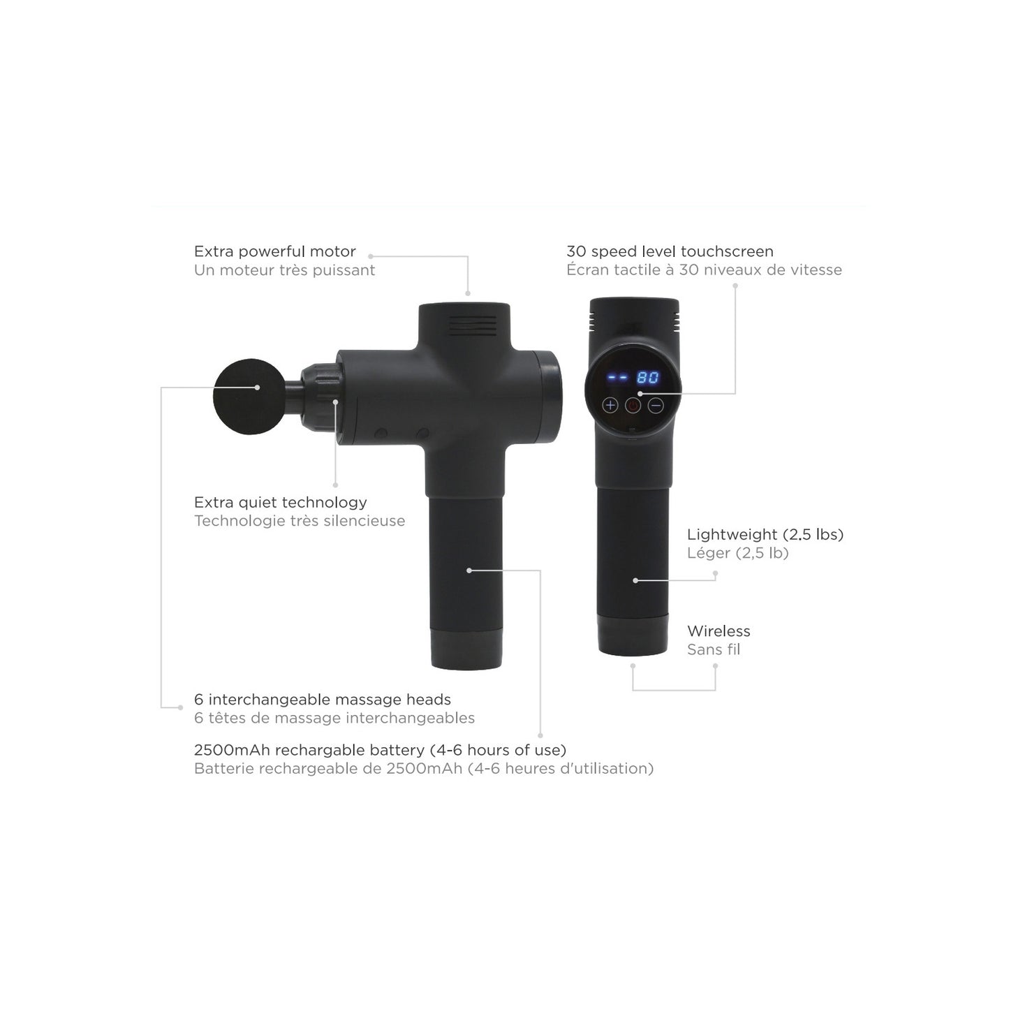 Premium Percussion Massage Gun - 30 Speeds - 6 Heads - Extra Quiet