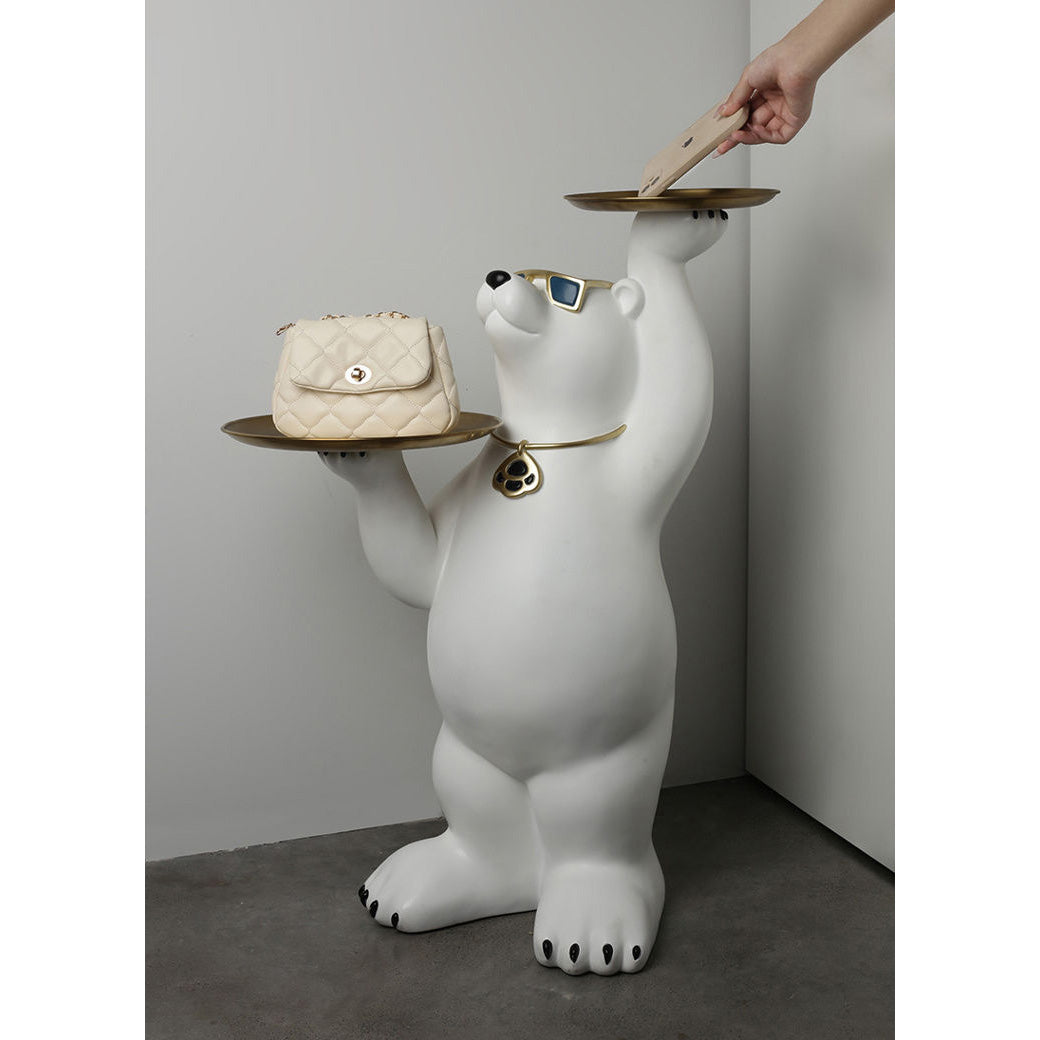 Resin Polar Bear Sculpture with 2 Tier Metal Tray