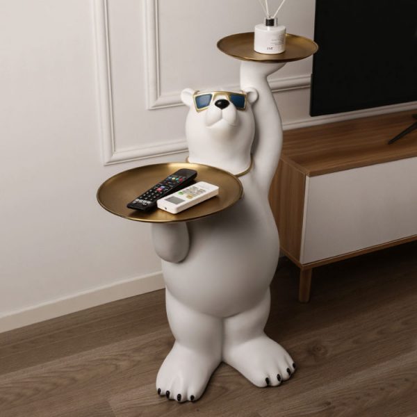Resin Polar Bear Sculpture with 2 Tier Metal Tray