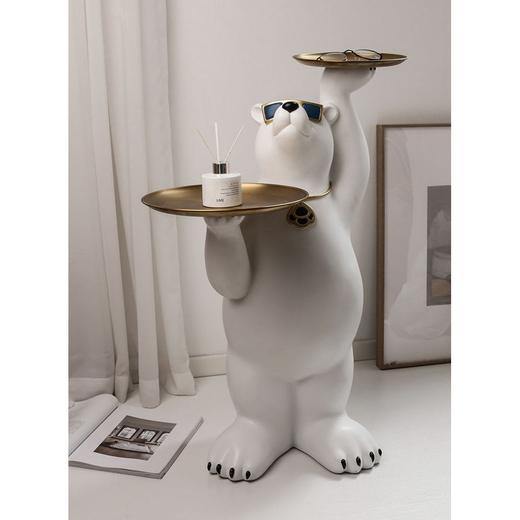 Resin Polar Bear Sculpture with 2 Tier Metal Tray