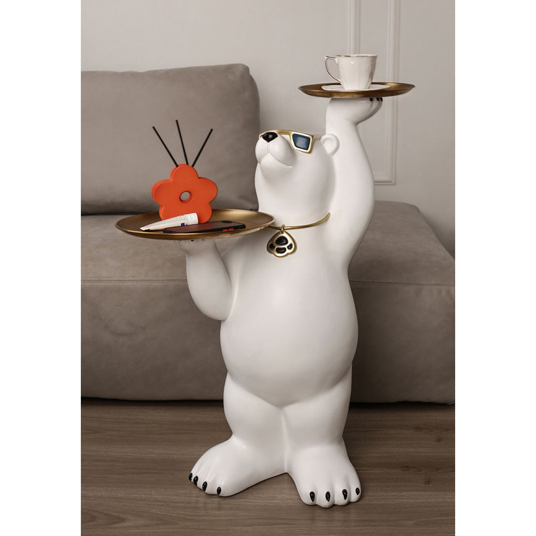 Resin Polar Bear Sculpture with 2 Tier Metal Tray
