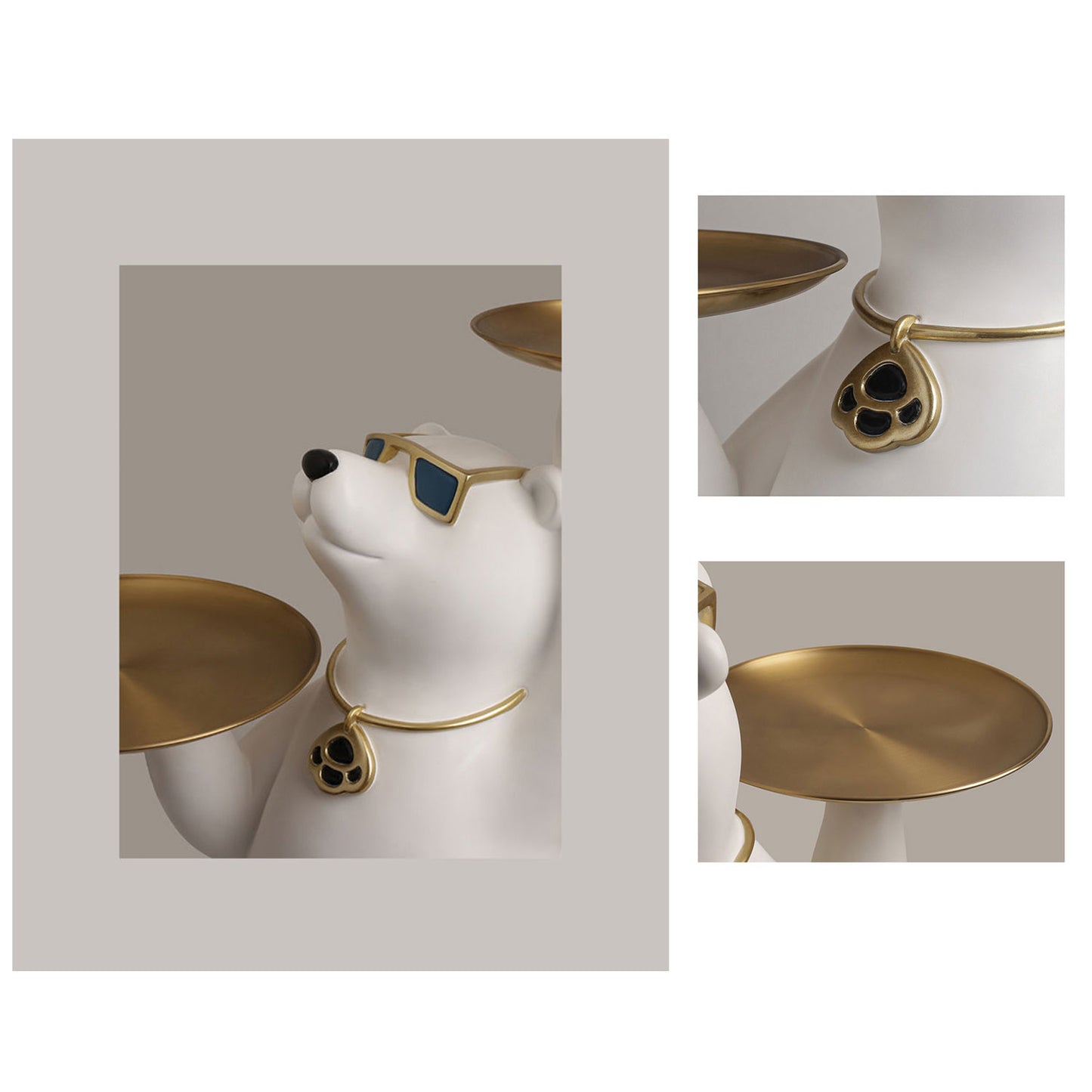 Resin Polar Bear Sculpture with 2 Tier Metal Tray