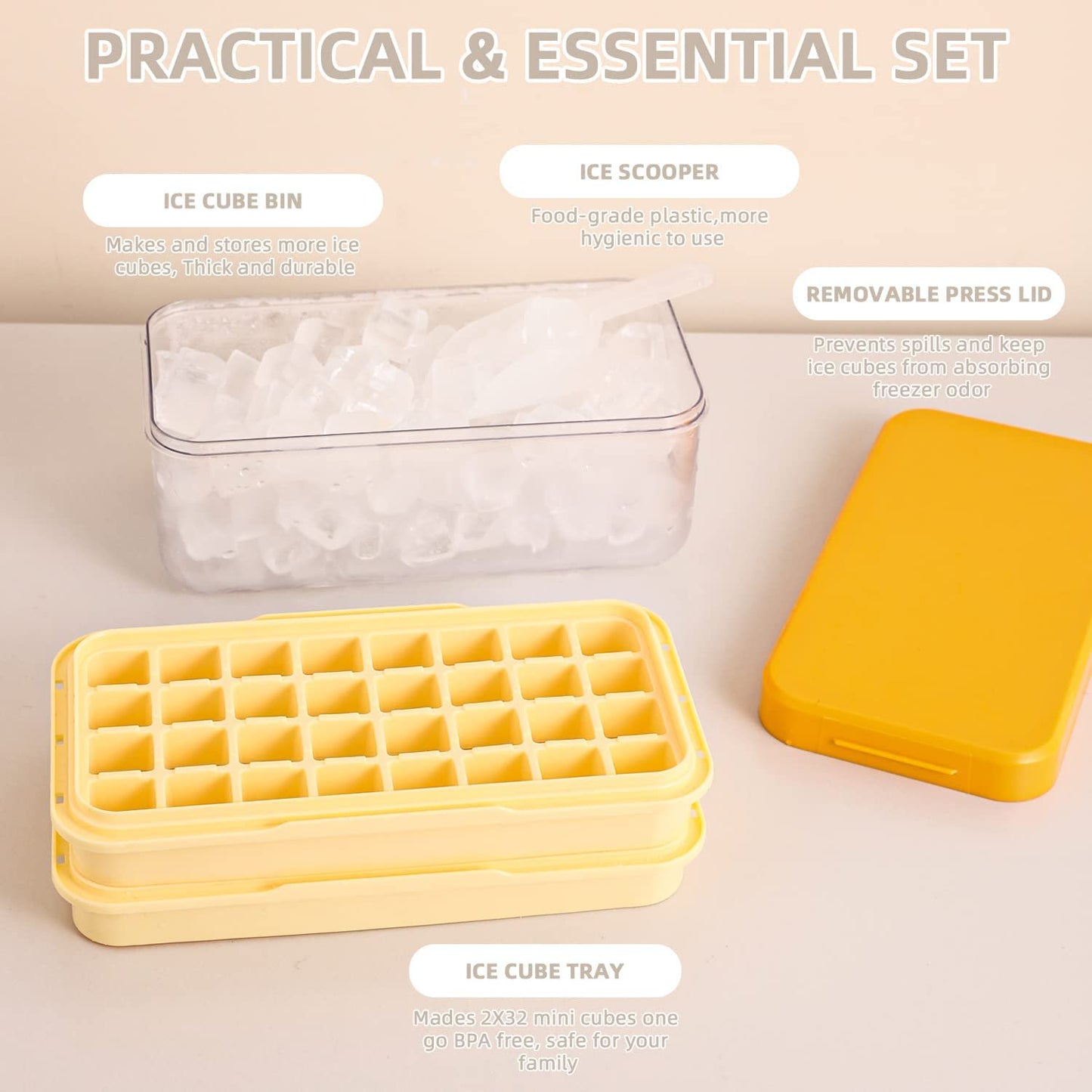 Press to Release Stackable 64Pcs Ice Molds Trays with Ice container Ice Maker Yellow