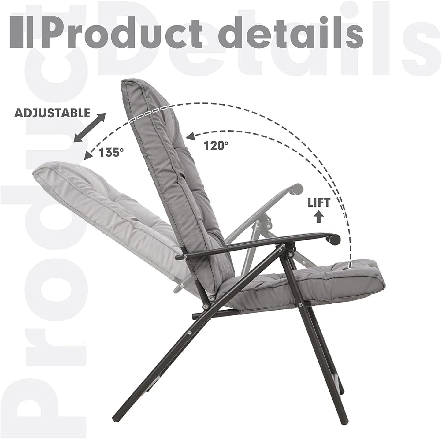3 Piece Folding Chair Set Outdoor Furniture Adjustable Reclining Bistro Set with Classic Grey Cushions