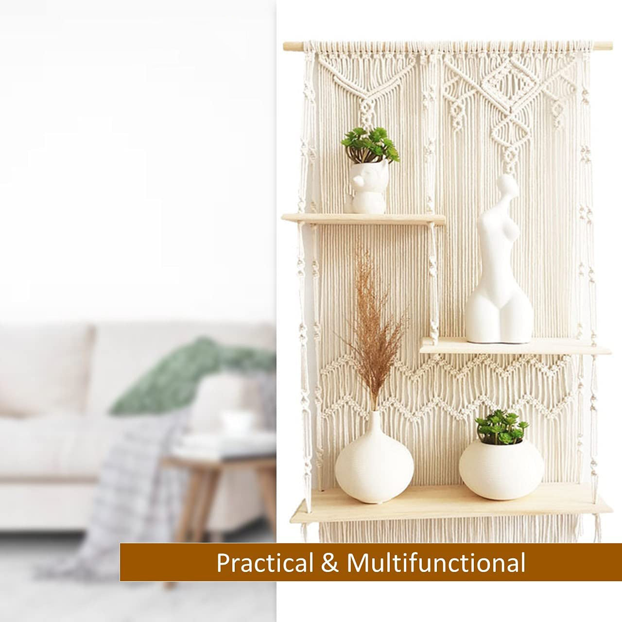 Wall Shelf Macrame Wall Hanging 3 Tier Bohemian Boho Nordic Style Wall Shelf for Home Decor