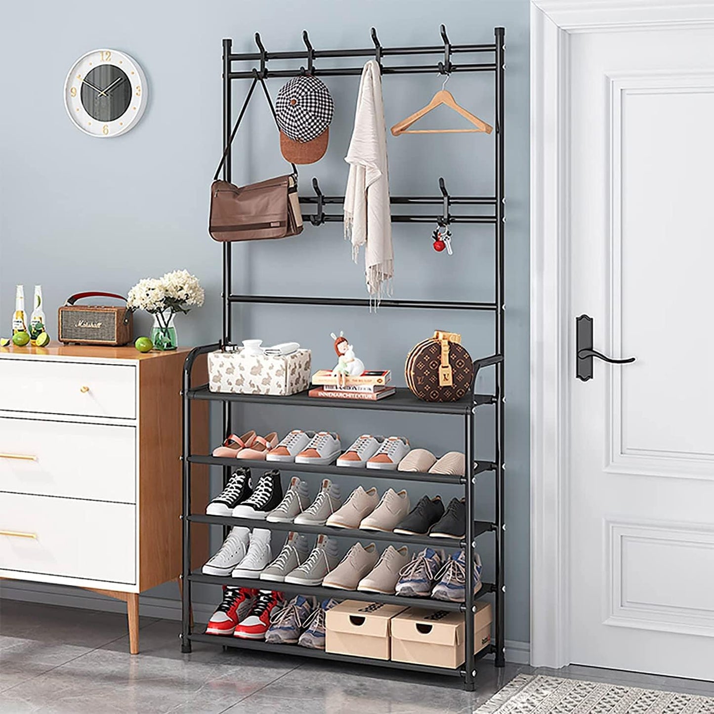 5 Tier Coat Rack Shoe Shelf Storage Organizer 169x80cm Black