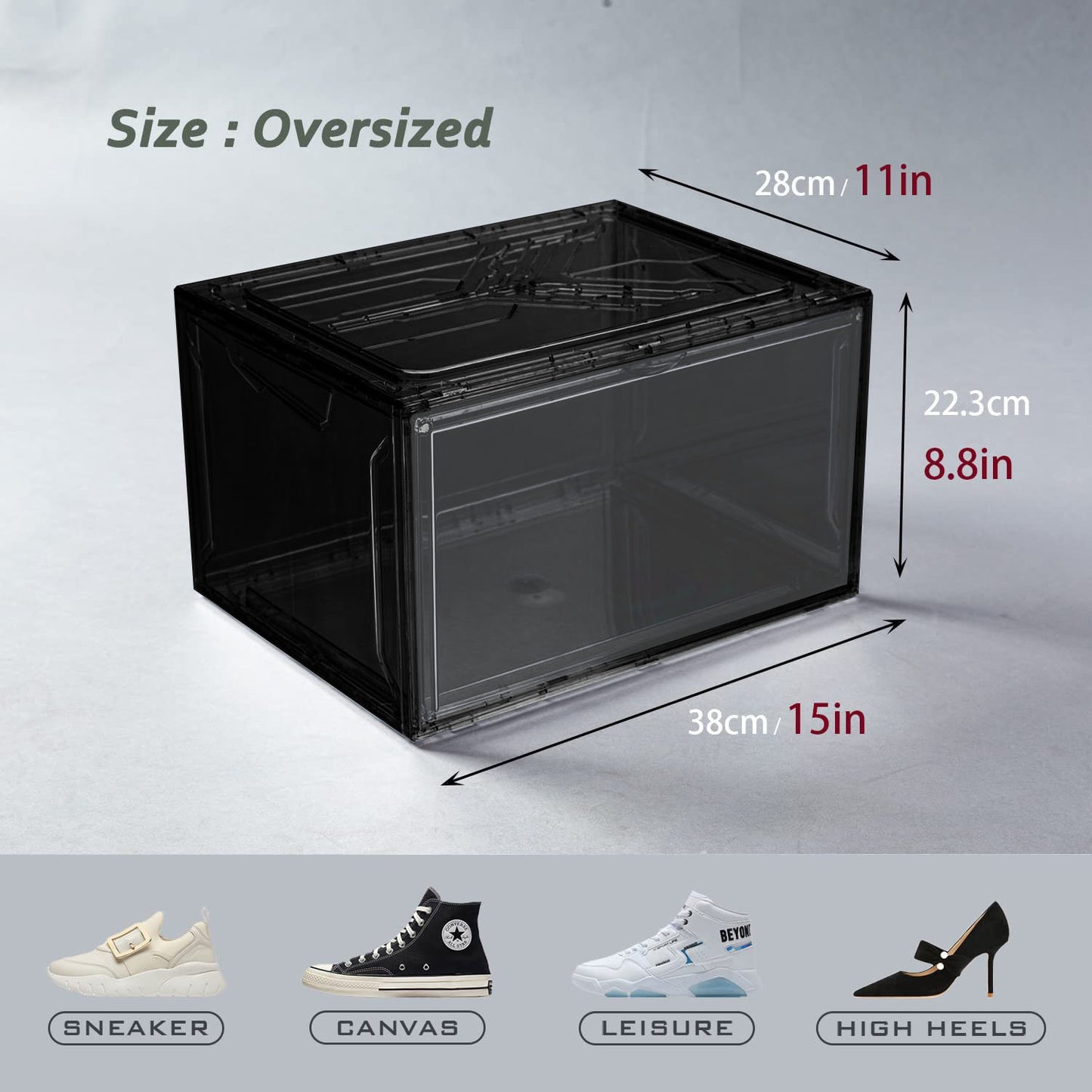 2 Pack Shoe Boxes for Display Shoes Sneakers Storage Black (Long side open)