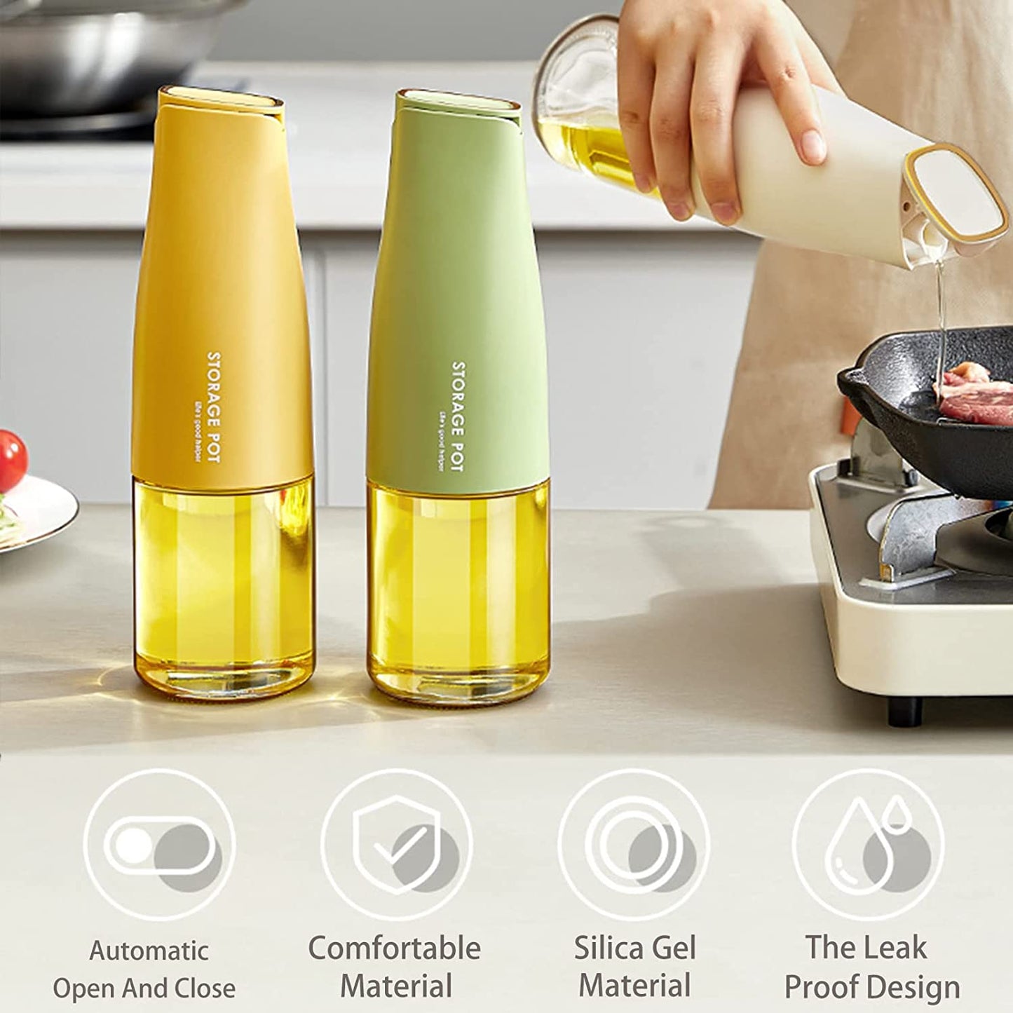 Oil Bottle 500ml Glass Oil Dispenser, Oil and Vinegar Dispenser with Silica Gel Pourers - Green