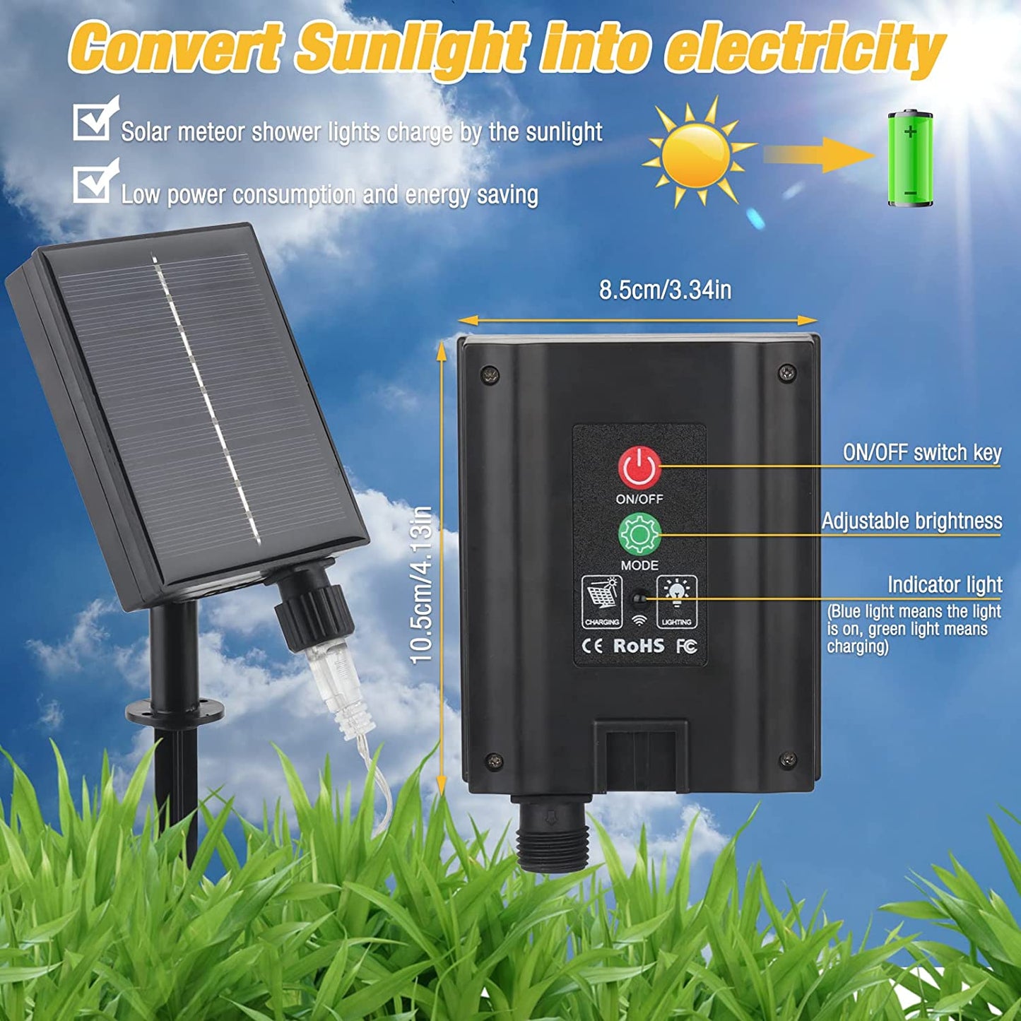 288 LED 8 Tubes Solar Meteor Shower Christmas Lights Outdoor - Yellow