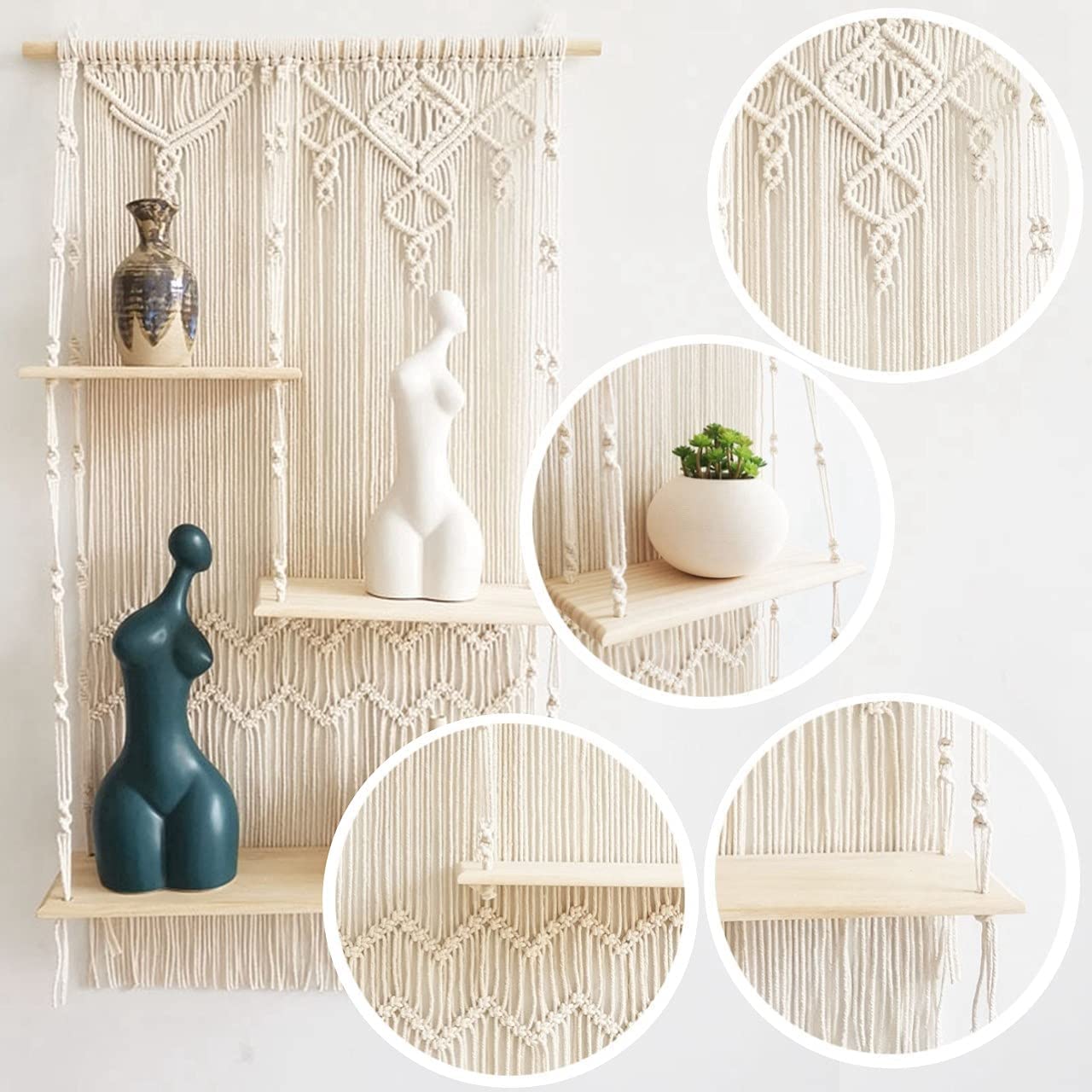 Wall Shelf Macrame Wall Hanging 3 Tier Bohemian Boho Nordic Style Wall Shelf for Home Decor