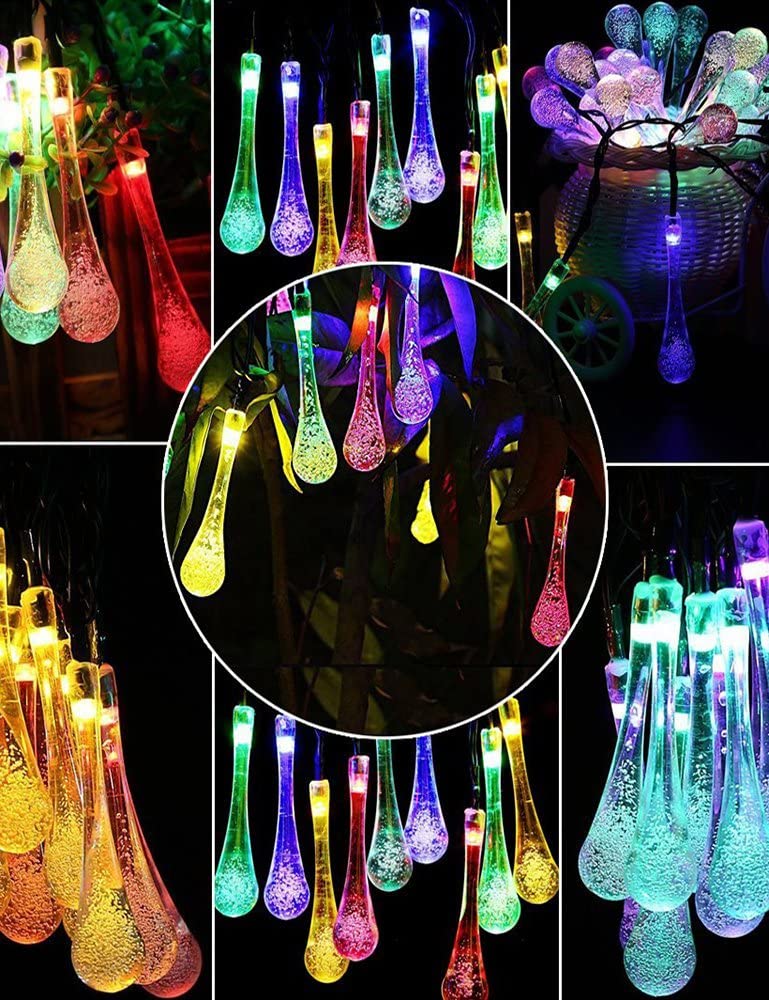 Solar String Lights, Outdoor Waterproof Fairy Light 6.2m 30 LED Multi Color Waterdrop Lighting for Christmas, Garden Patio Indoor Party, Bedroom, Xmas, Yard, Proch Decoration